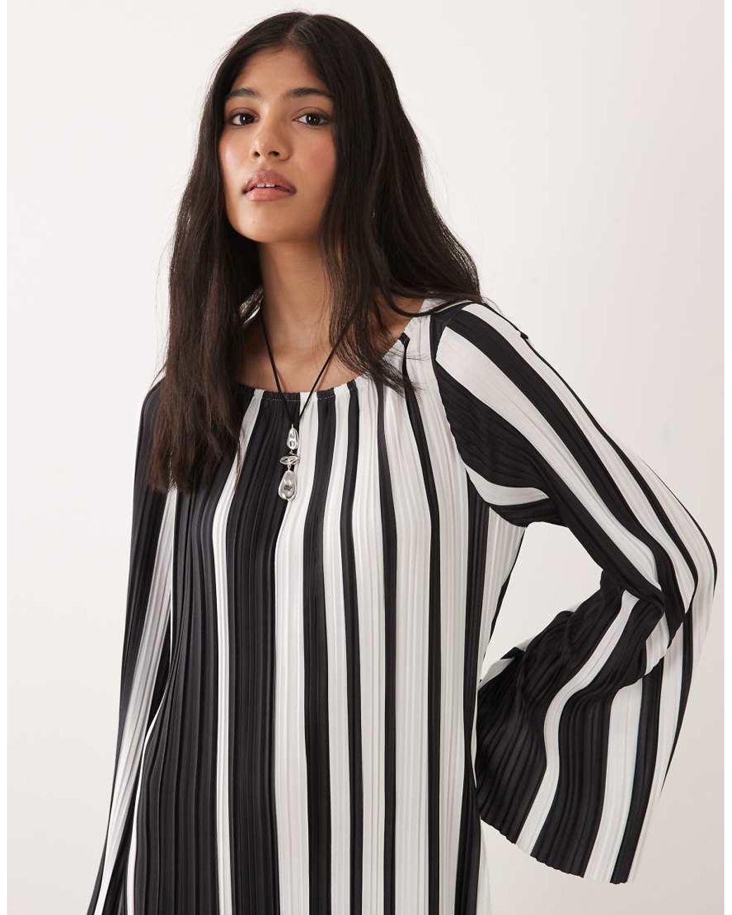 ASOS Natural Plisse Long Sleeve Midi Dress