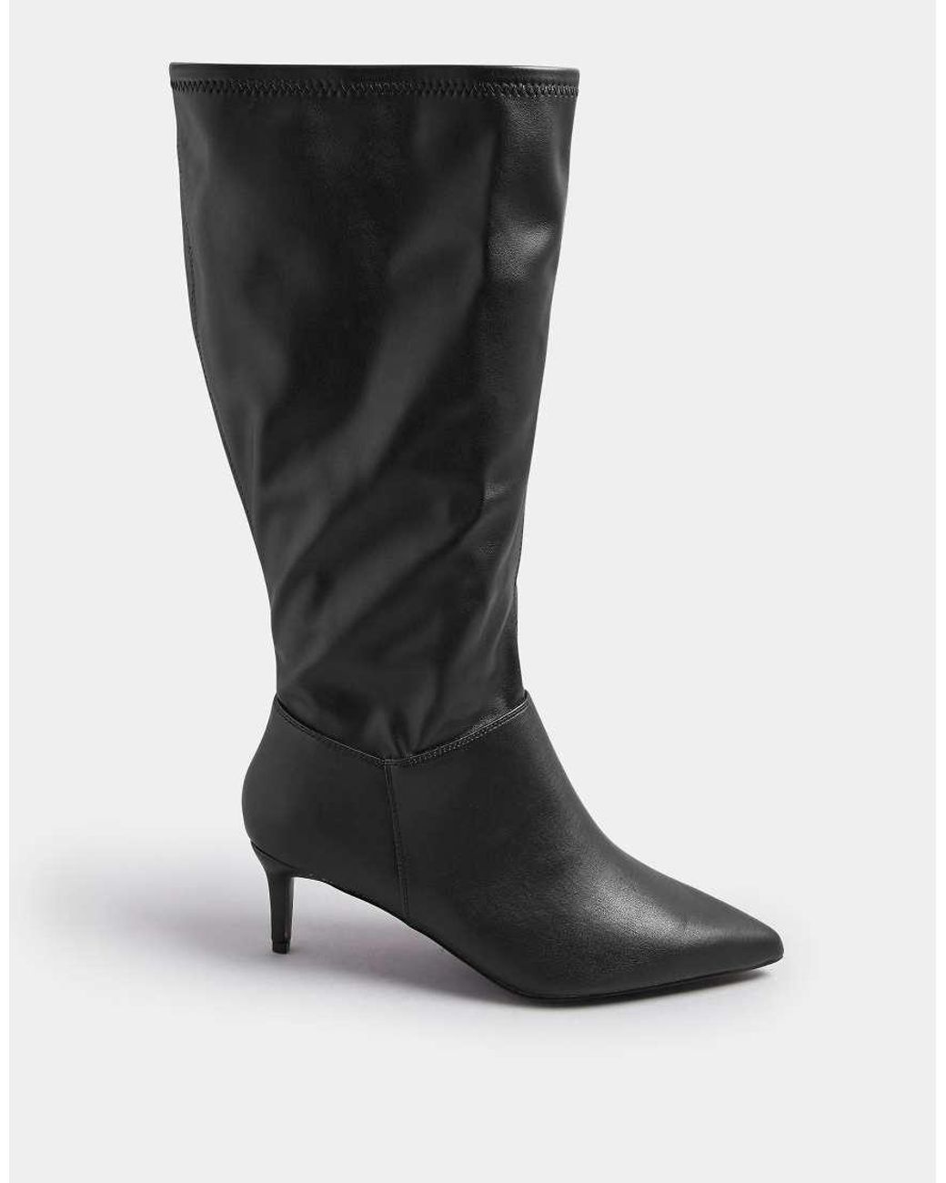 Yours Clothing Black Faux Leather Pointed Kitten Heel Boots