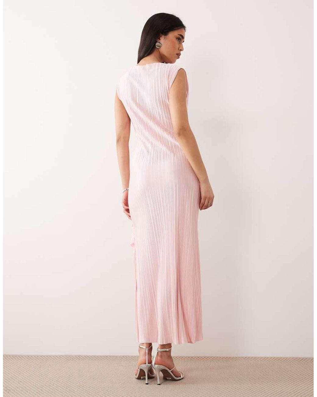 ASOS Pink Ruched Side Plisse Maxi Dress With Frill Detail