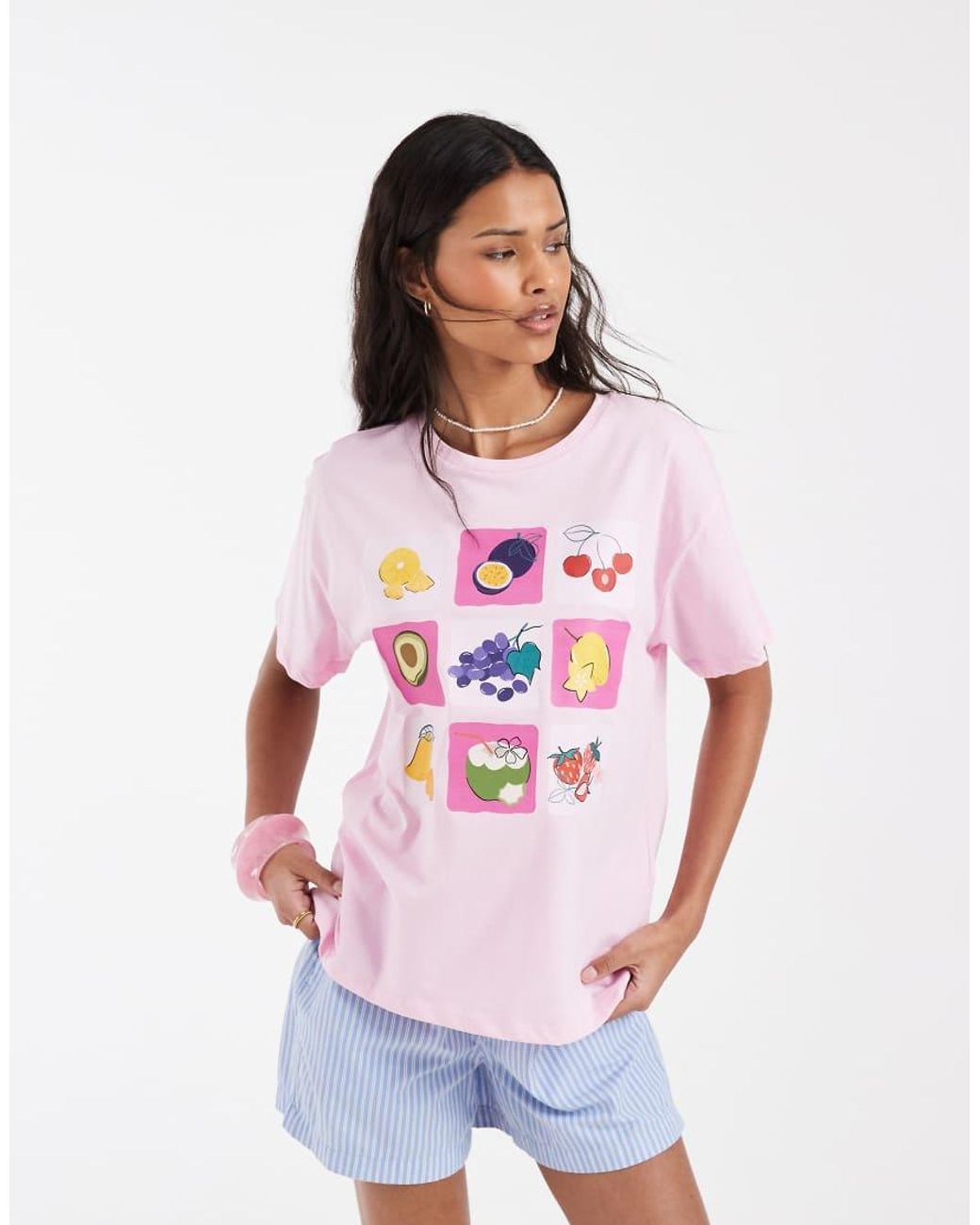 Pieces Pink Oversized Fruit Graphic T-shirt