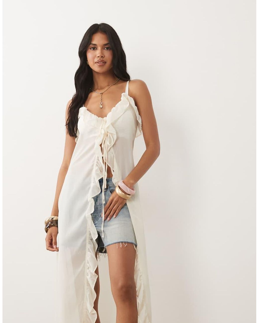 The Frolic Natural Exclusive Chiffon Frill Detail Tie Front Maxi Dress