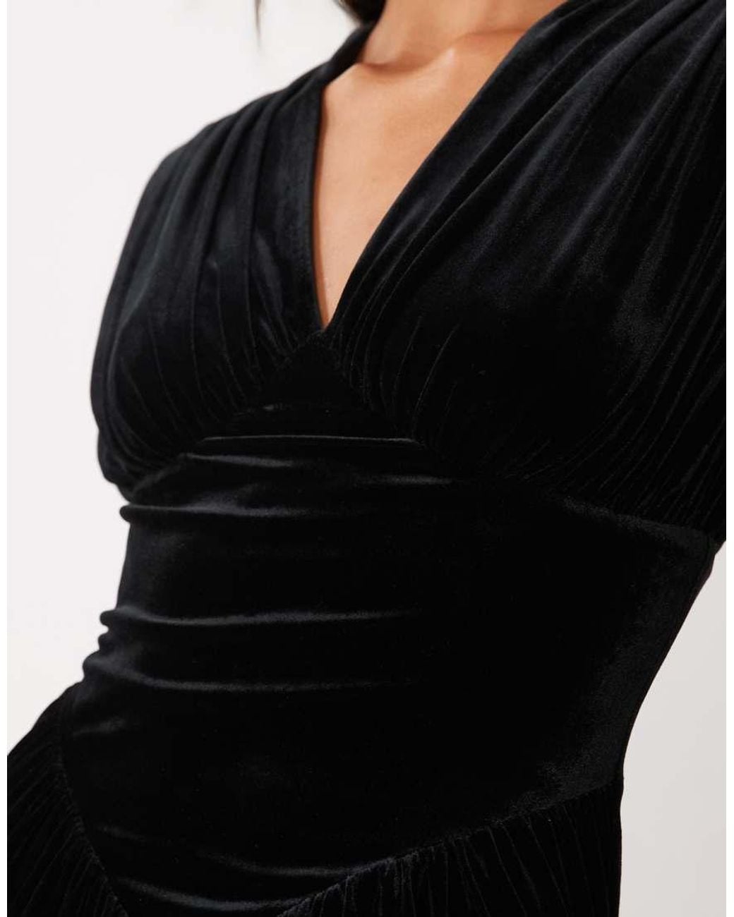 TFNC London Black Velvet Plunge Neck Ruched Shoulder Mini Dress