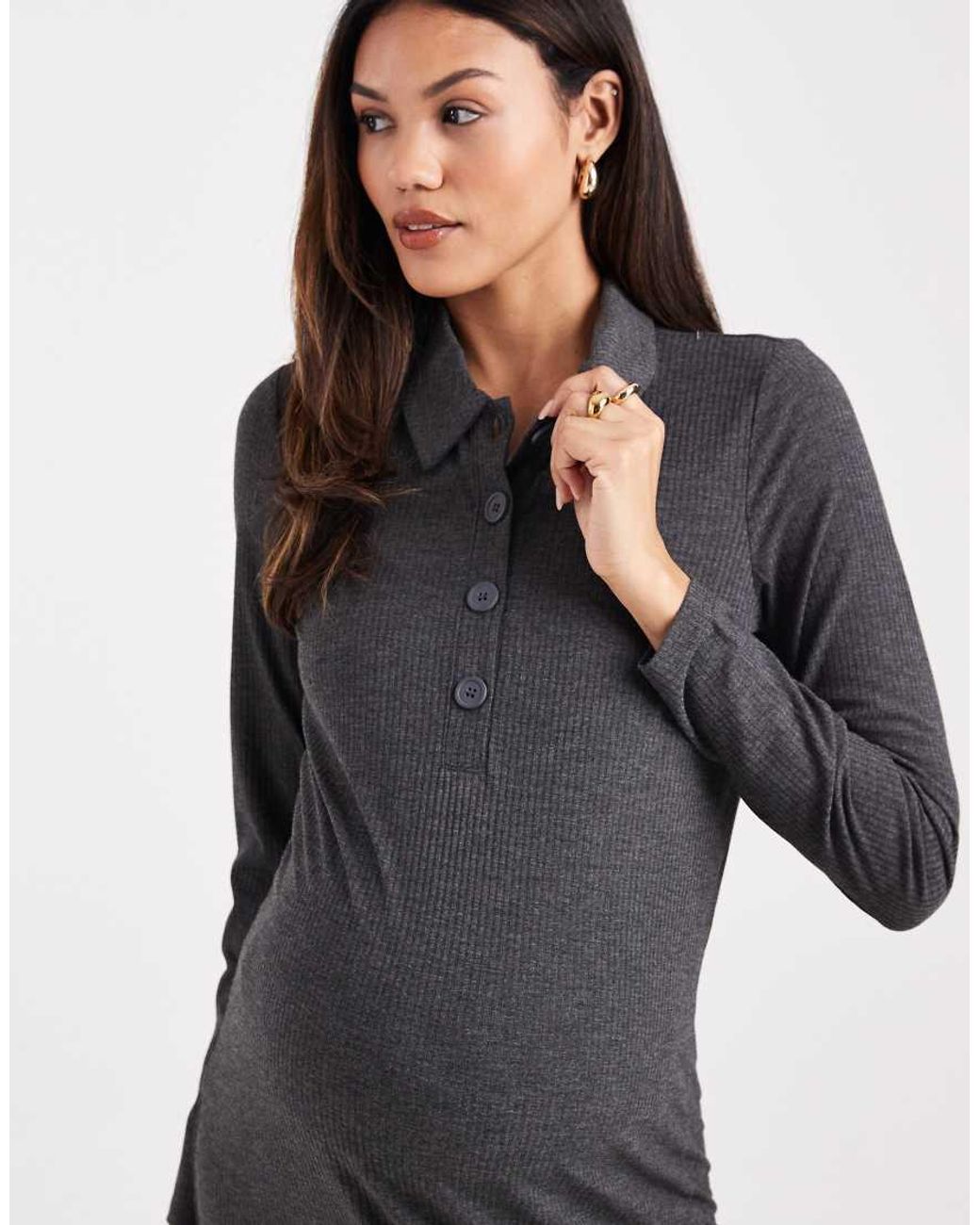 Mama.licious Blue Mamalicious Maternity Jersey Rib Nursing Friendly Polo Detail Midi Dress