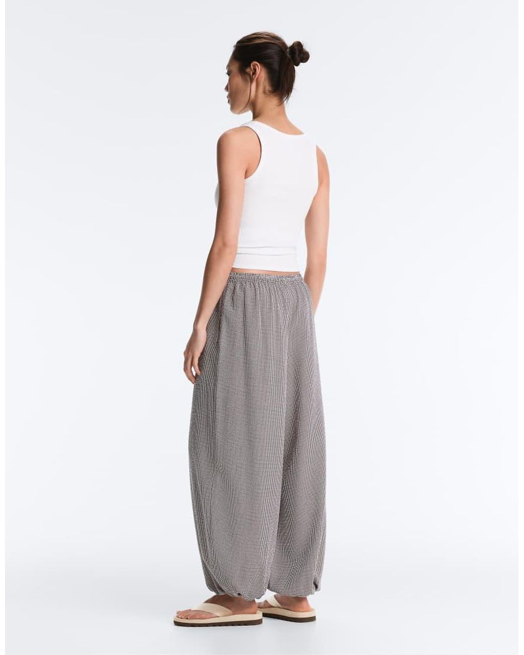 Oysho White Lyocell Blend Gingham Maxi Bloomer Trousers