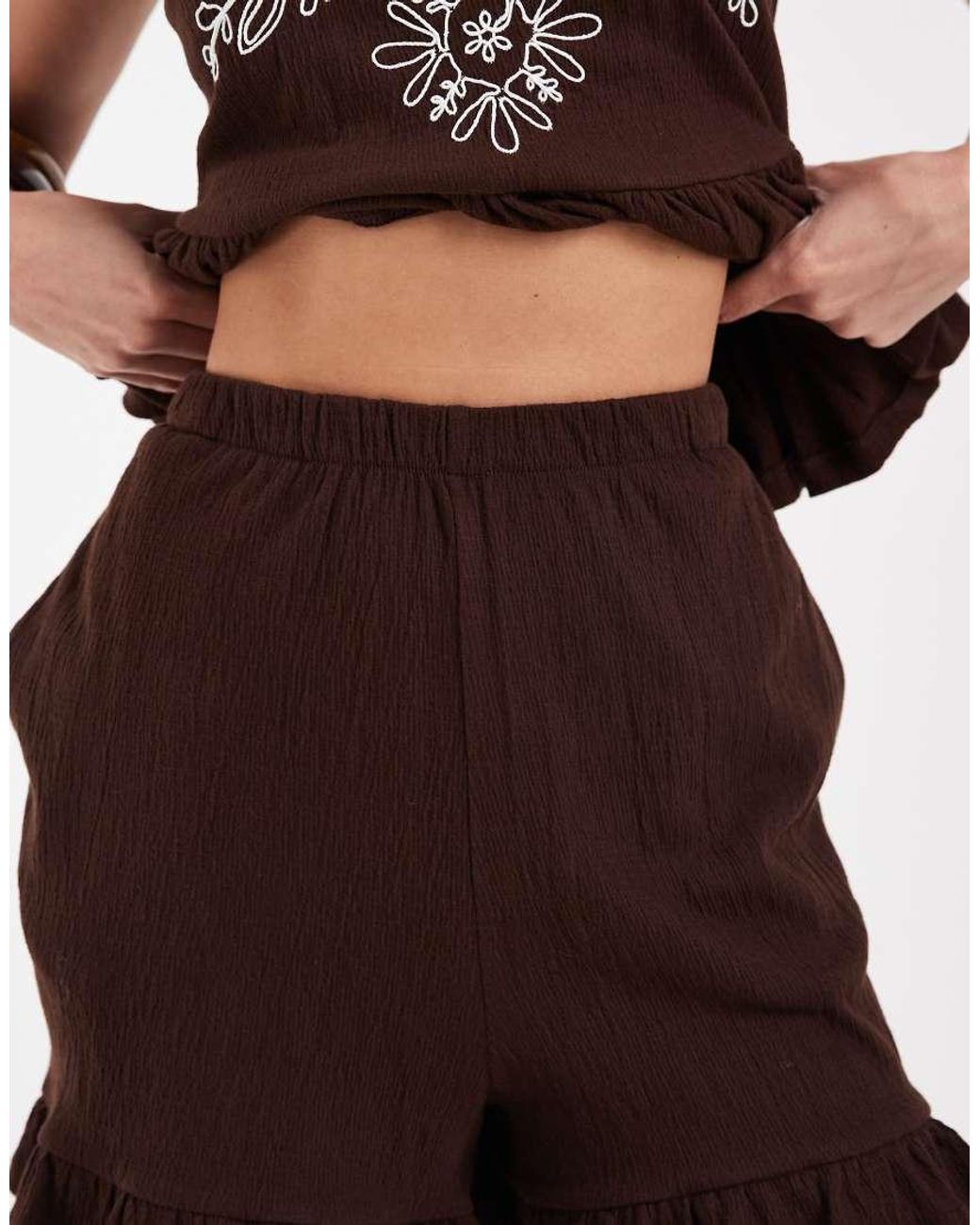 Object Brown Crinkle Cotton Frill Hem Shorts Co-ord