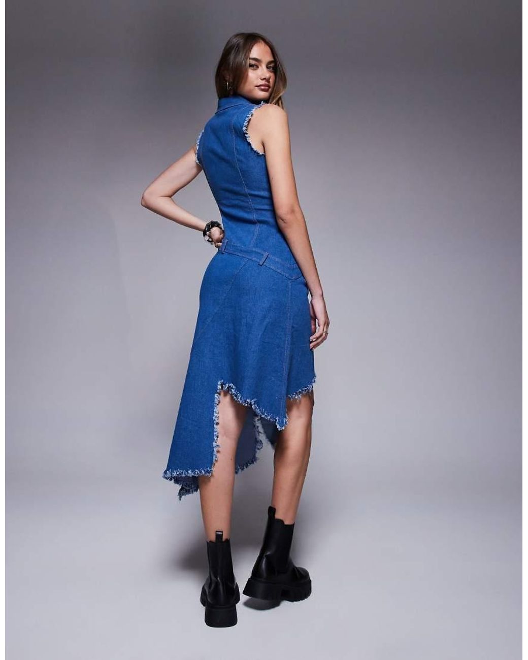 Goddiva Blue Denim Frayed Asymmetric Sleeveless Midaxi Shirt Dress