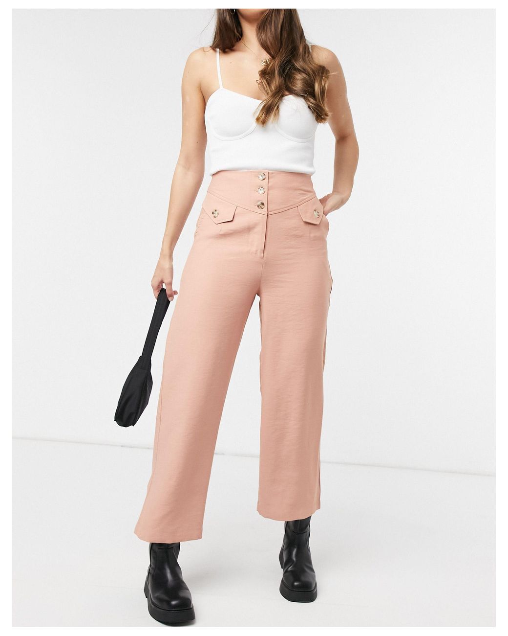 button front wide leg pants
