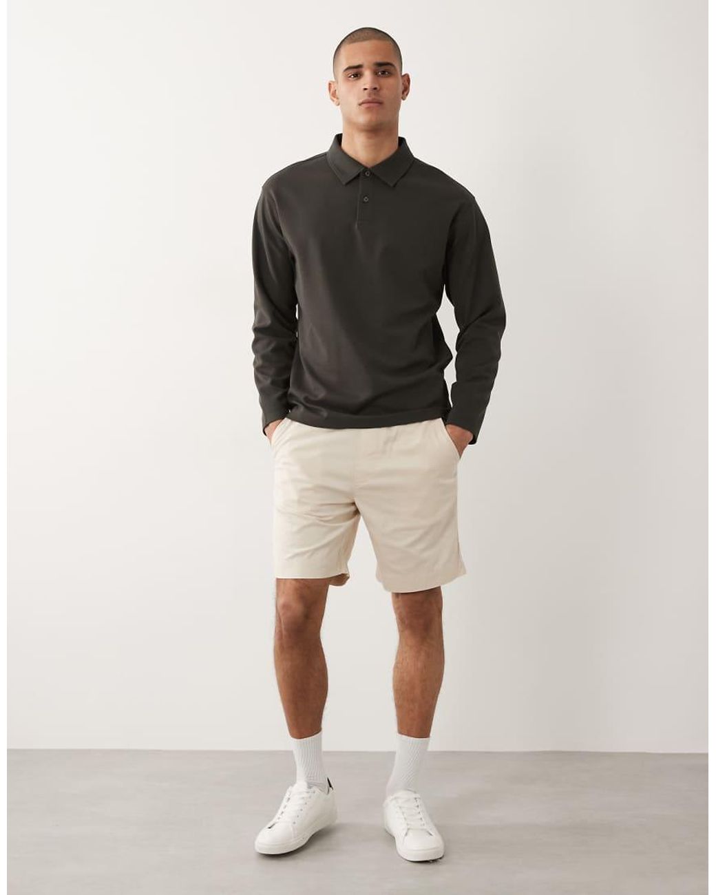 SELECTED Black Waffle Long Sleeve Polo for men