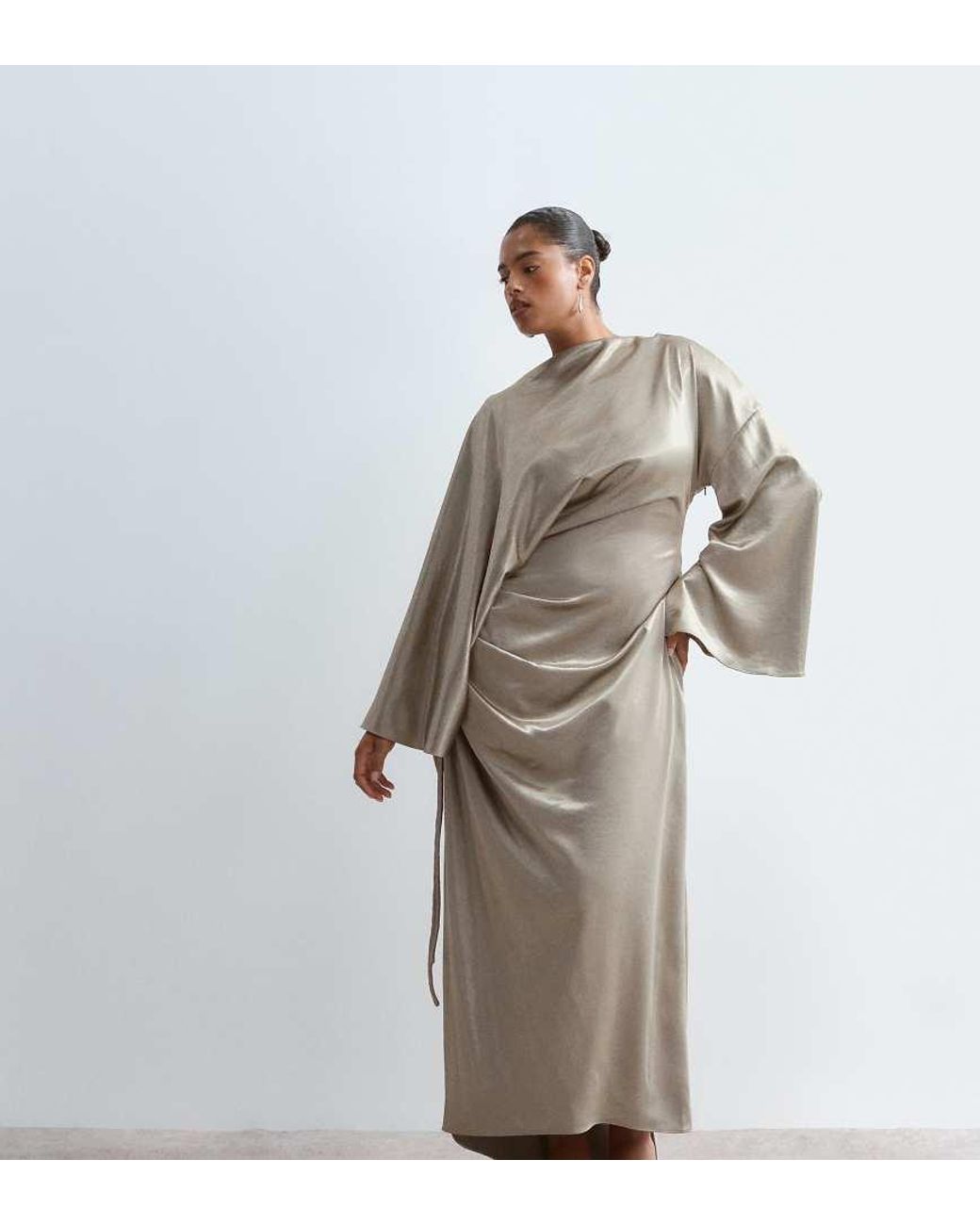 ARRANGE Metallic Curve Satin Drape Long Sleeve Maxi Dress