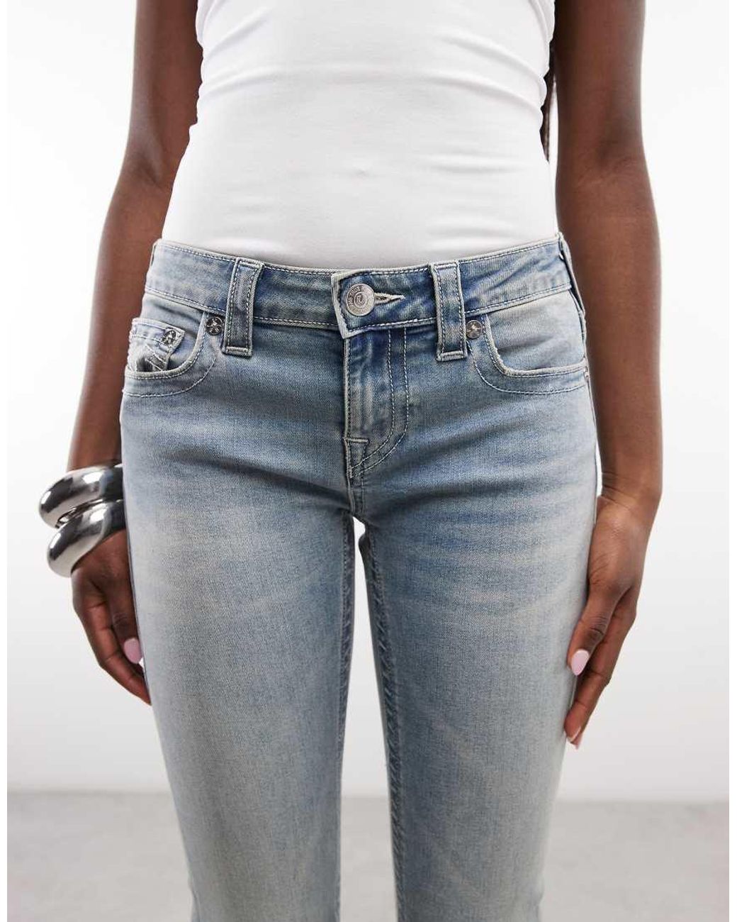 True Religion Blue Becca Mid Rise Flap Pocket Bootcut Jeans