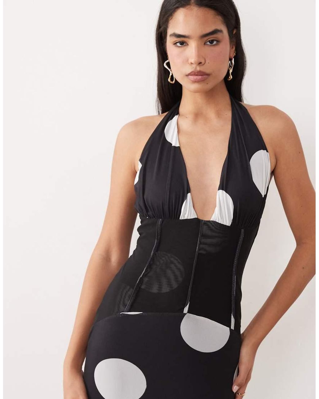 ASOS Black Polka Dot Cinched Waist Corset Detail Maxi Dress With Fishtail Hem