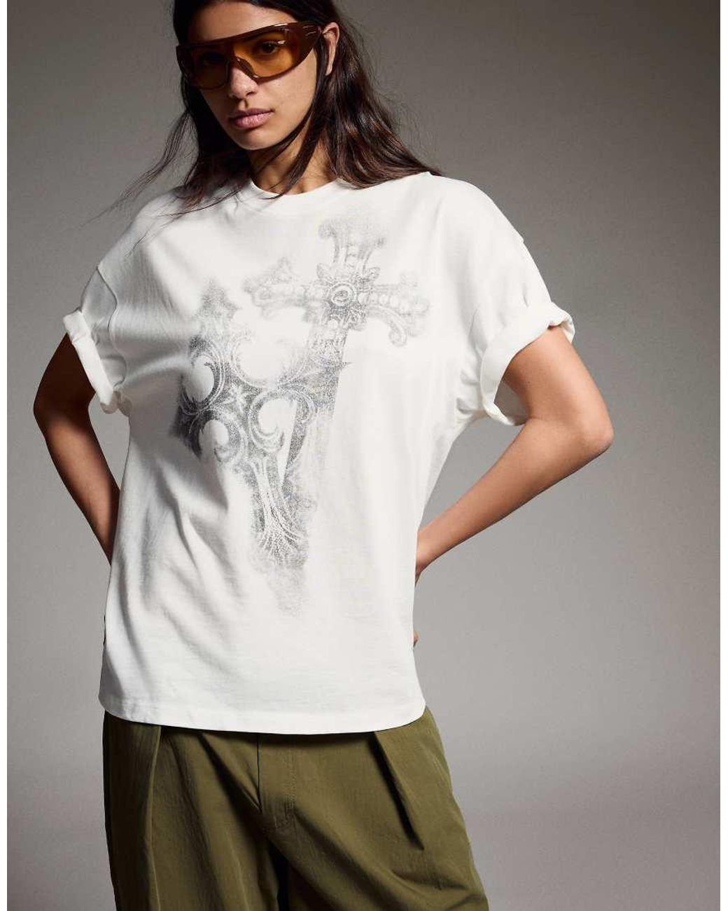 Bershka White Short Sleeve Oversize Print T-shirt