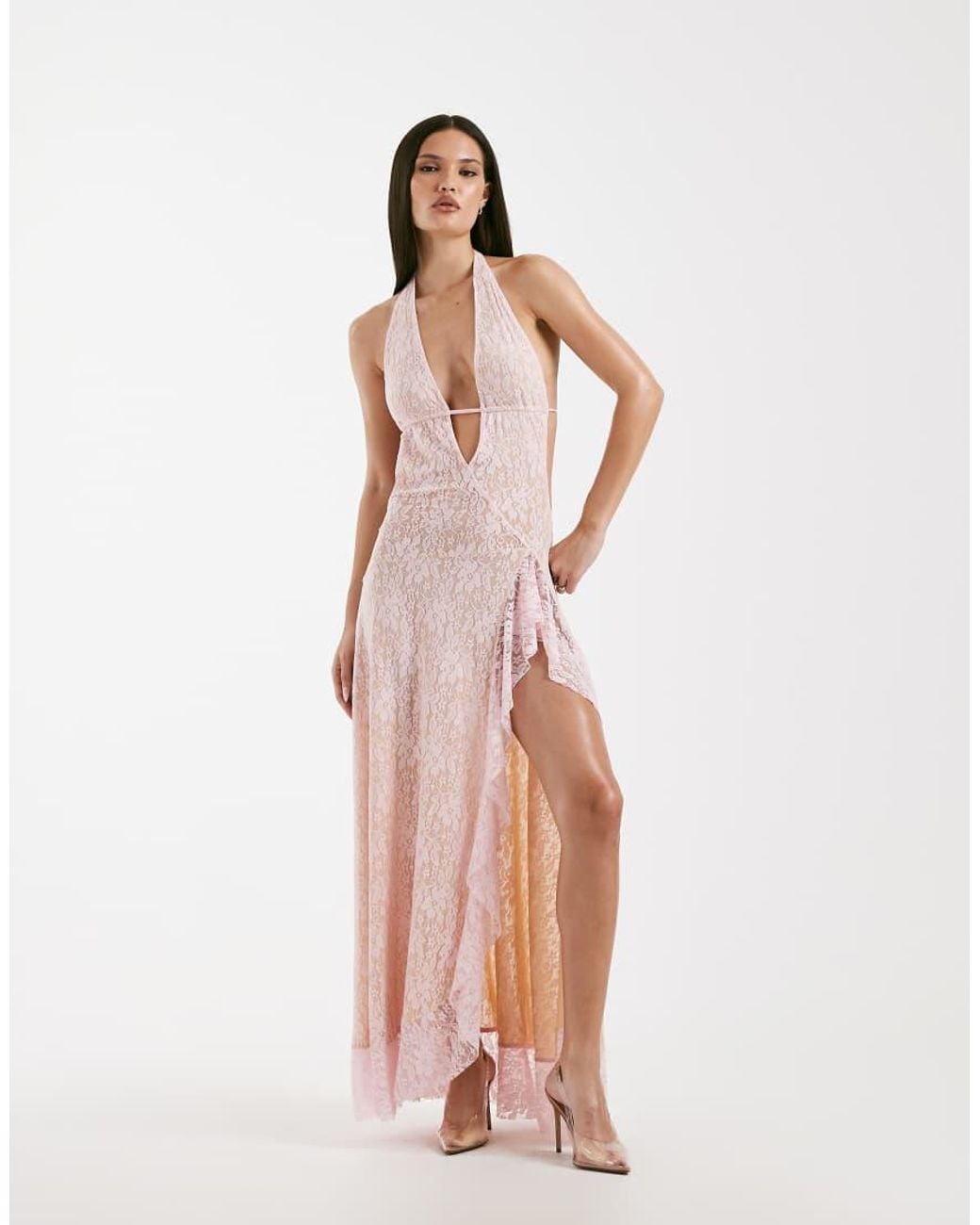 I.AM.GIA Irisia Lace Plunge Halterneck Backless Thigh Split Maxi Dress in  Pink | Lyst UK