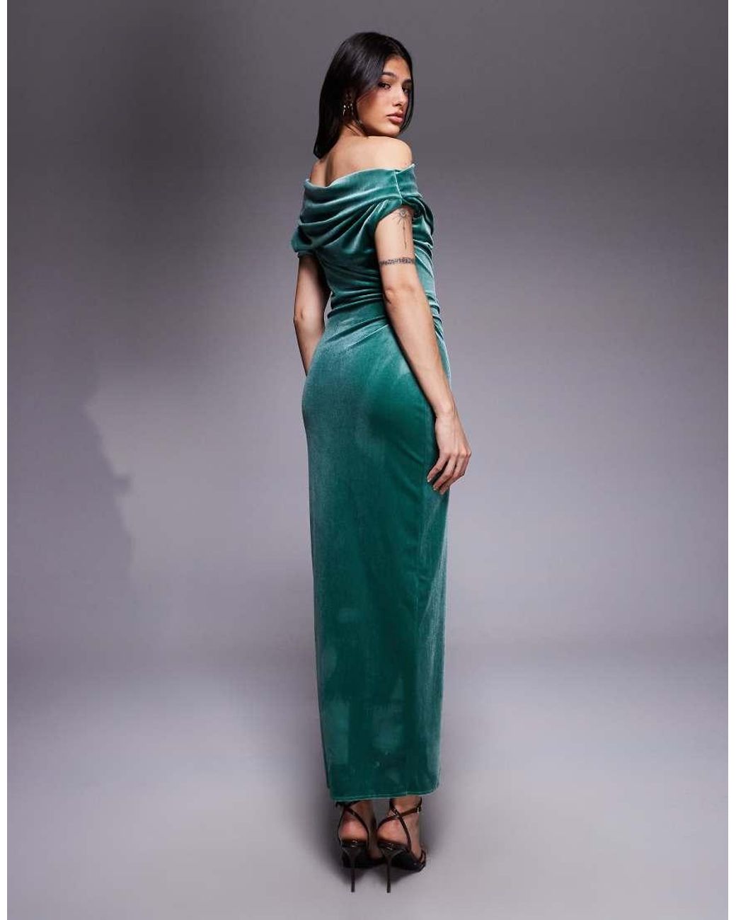 ASOS Blue Asos Design Tall Velvet Midi Dress With Fallen Shoulder