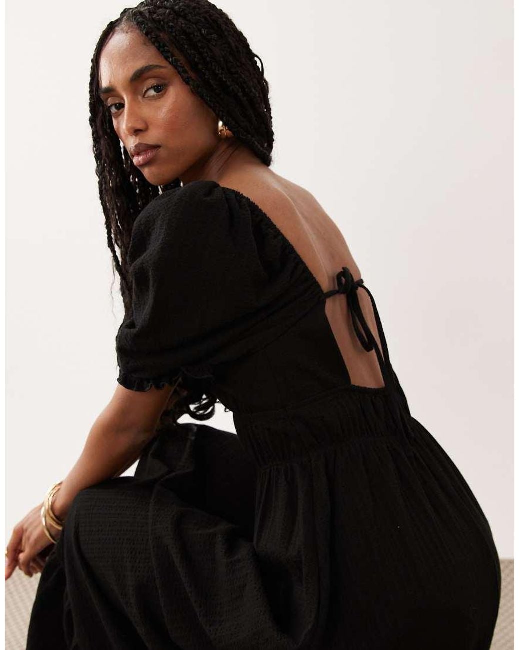 Miss Selfridge Black Seersucker Puff Sleeve Milkmaid Maxi Dress