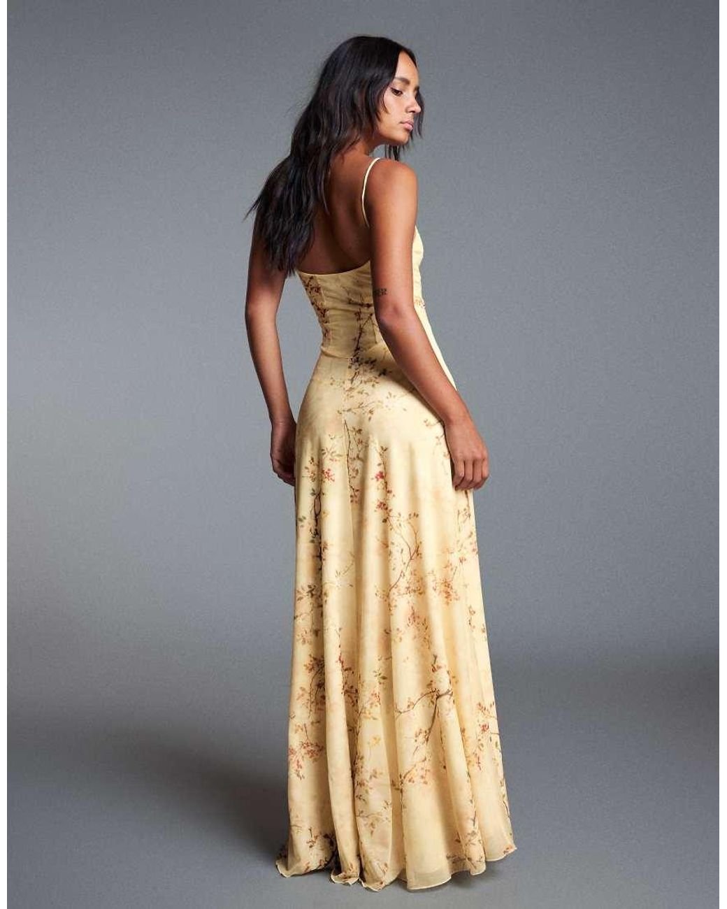 Bershka Yellow Strappy Floral Maxi Dress