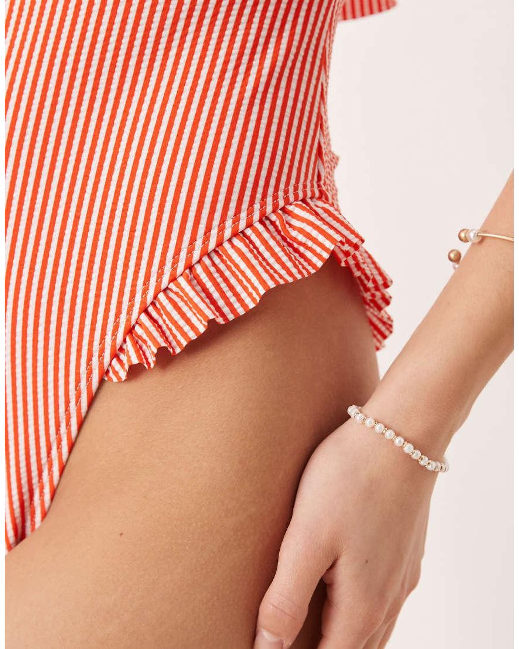 ASOS Pink Scarlet Stripe Bandeau Ruffle Swimsuit