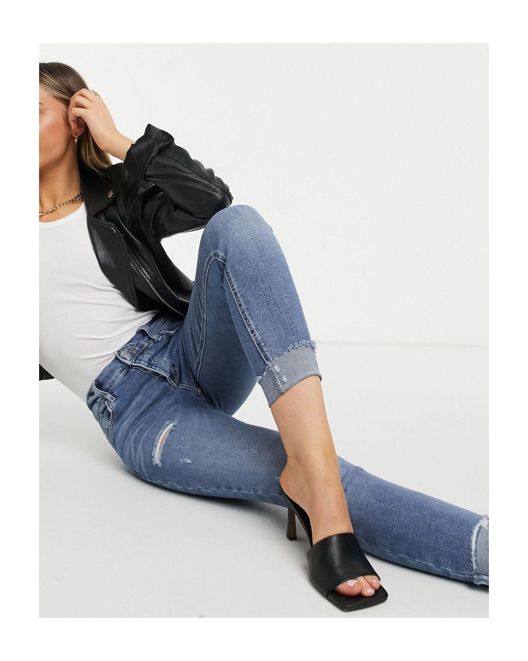 River Island Amelie Turnup Distressed Skinny Jeans in Blue | Lyst