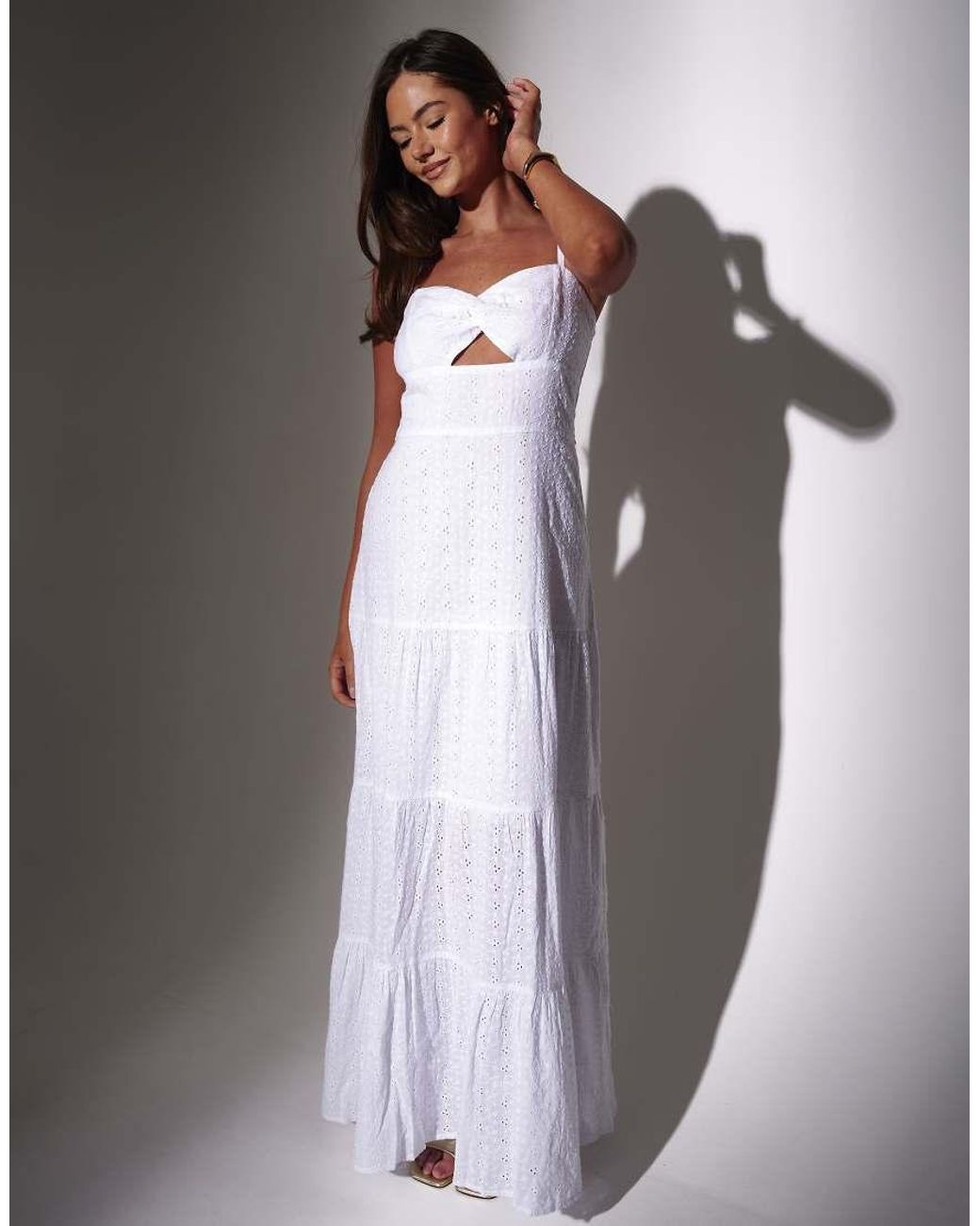 South Beach Gray Broderie Twist Front Tiered Maxi Dress