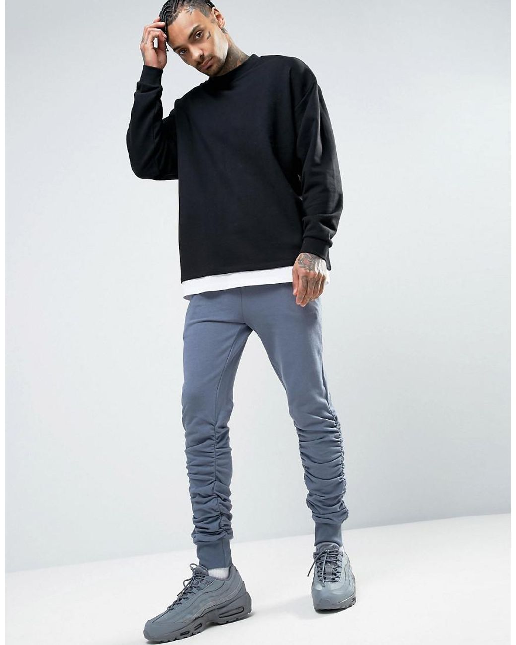 ASOS Skinny Stacked Joggers In Washed Blue for Men