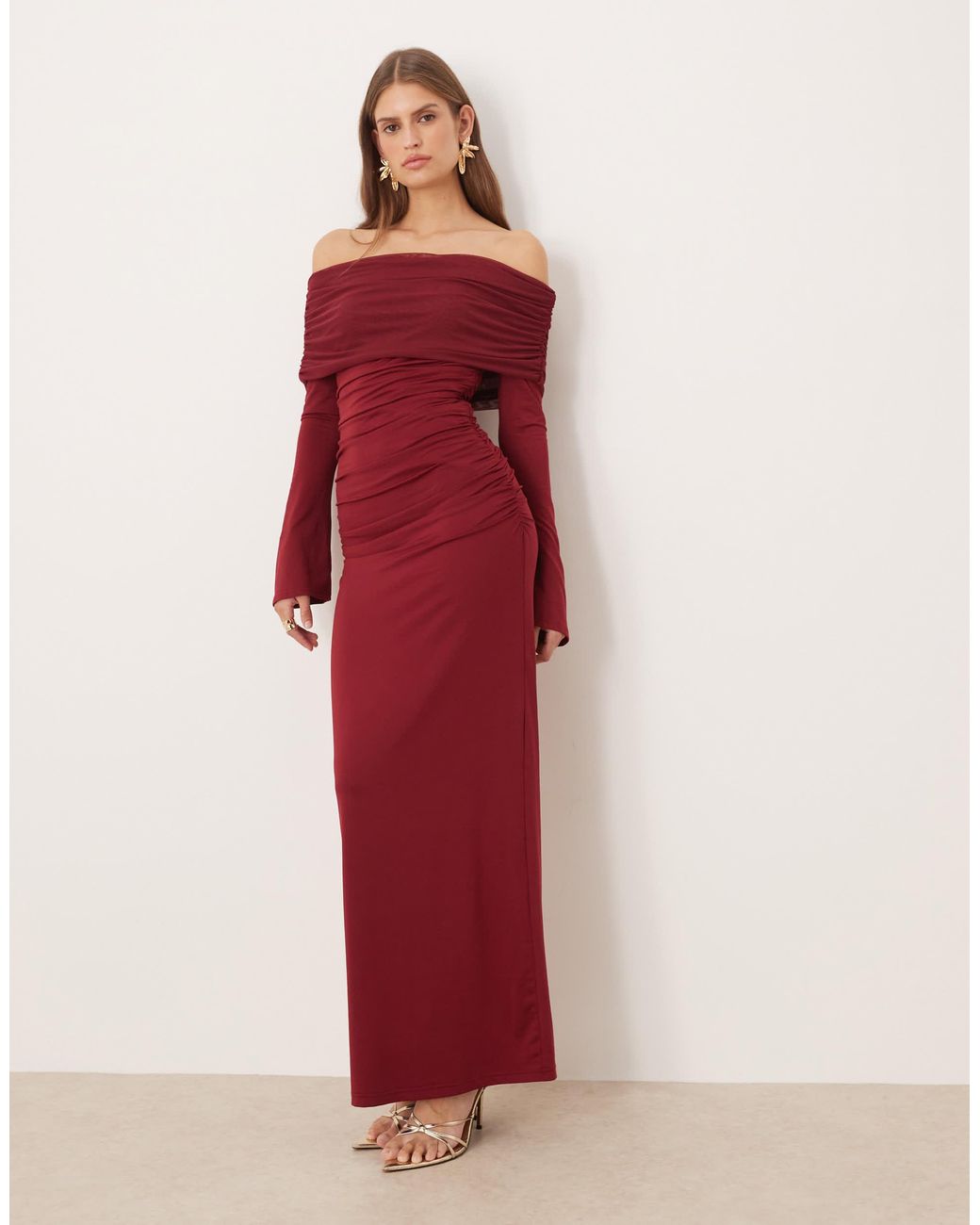 SNDY'S Red Mesh Asymmetric Shoulder Overlay Maxi Dress