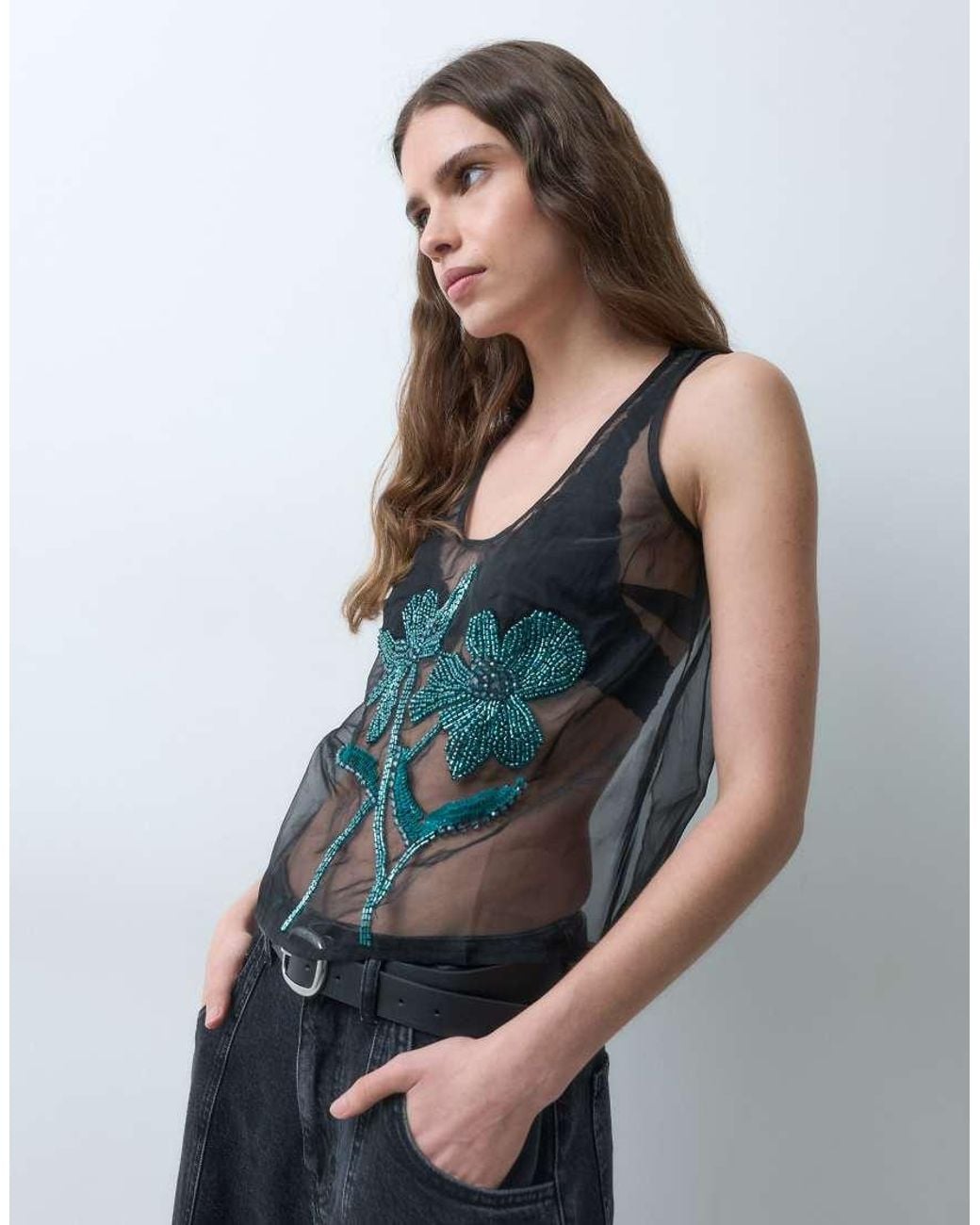 ASOS Blue Flower Embellished Sheer Cami