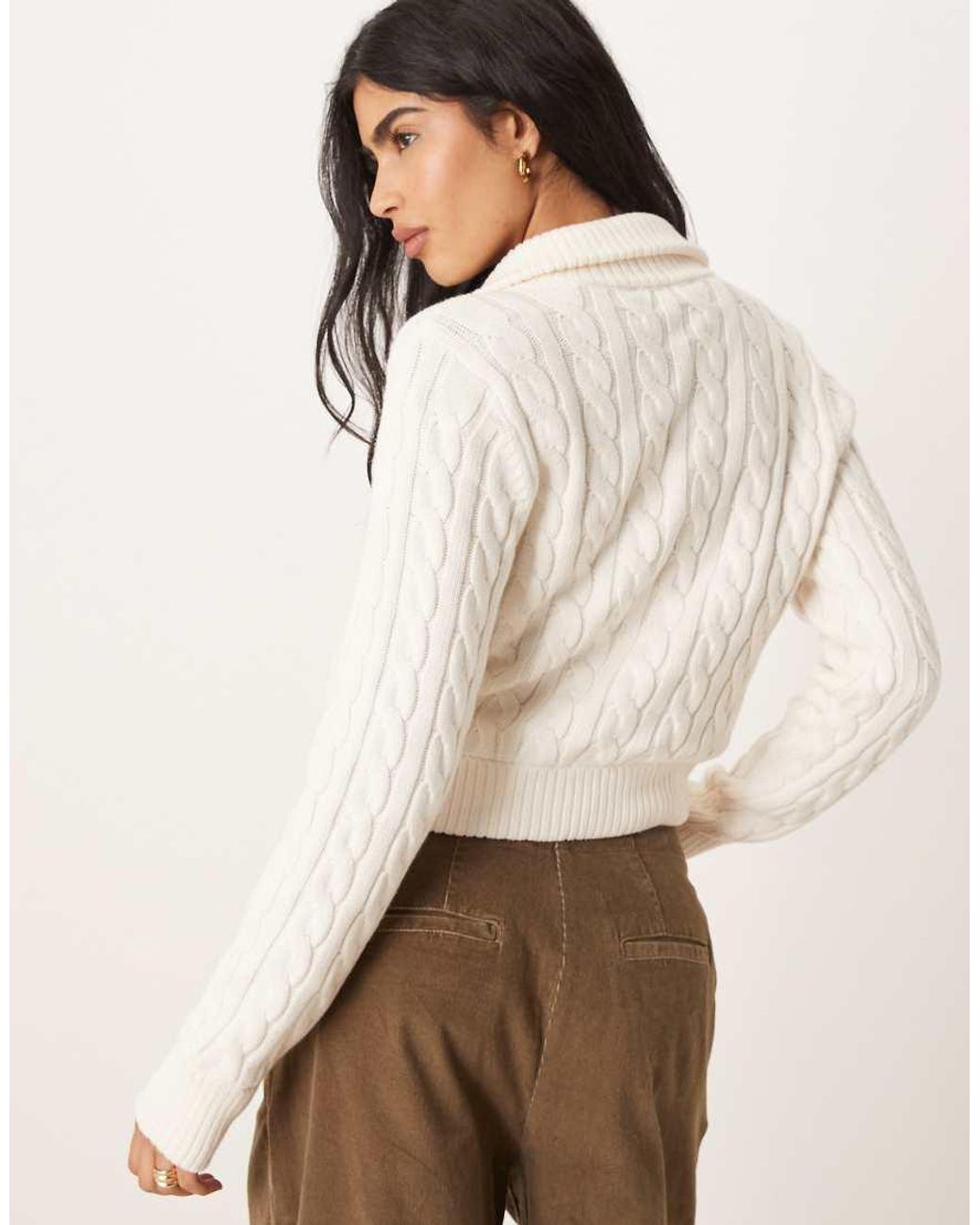 Abercrombie & Fitch Natural Cable Knit Full Zip Collared Cardigan