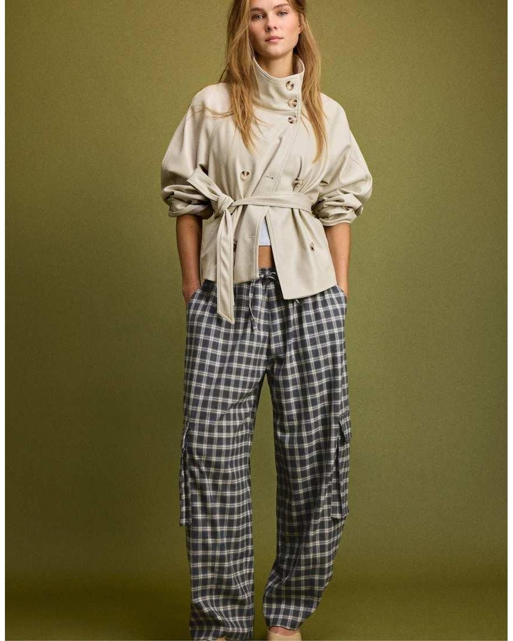 Stradivarius Green Checked Smart Cargo Trousers