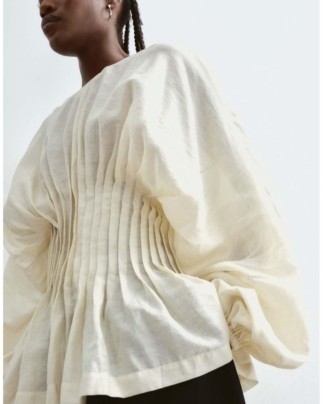 ARRANGE Natural Organza Volume Sleeve Pleated Cinched Waist Top