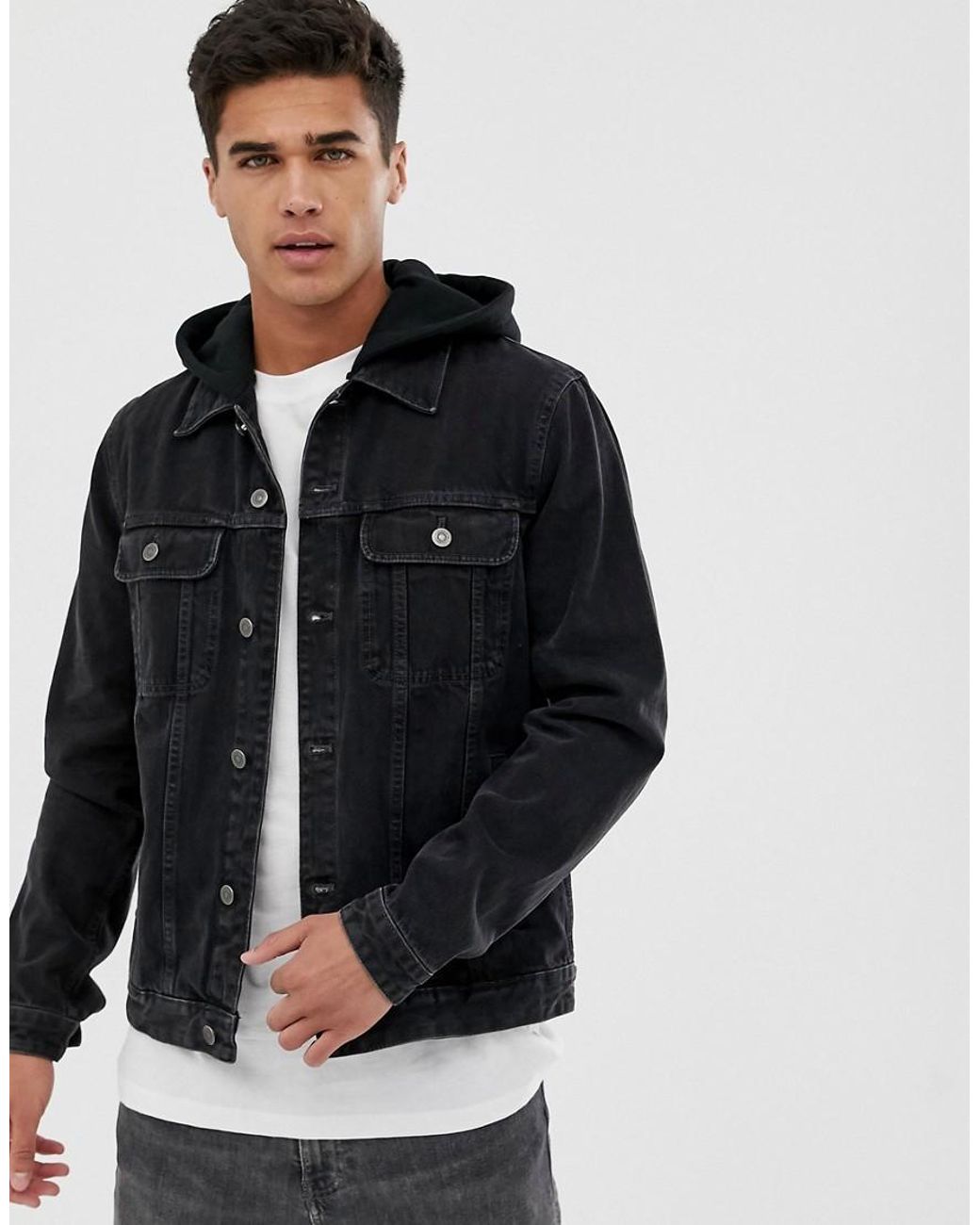 ASOS Denim Jacket With Jersey Hood In Washed Black for Men - Lyst