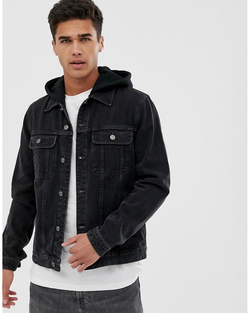 ASOS Denim Jacket With Jersey Hood In Washed Black for Men Lyst