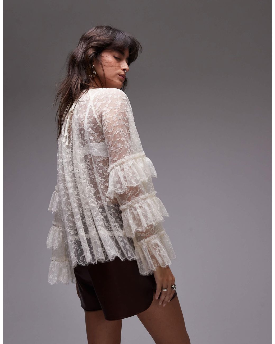 TOPSHOP All Over Lace Top in Brown | Lyst