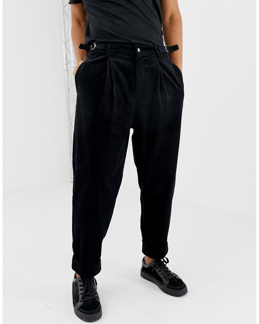 ASOS Corduroy Wide Balloon Pants In Black Cord With Pleats for Men Lyst
