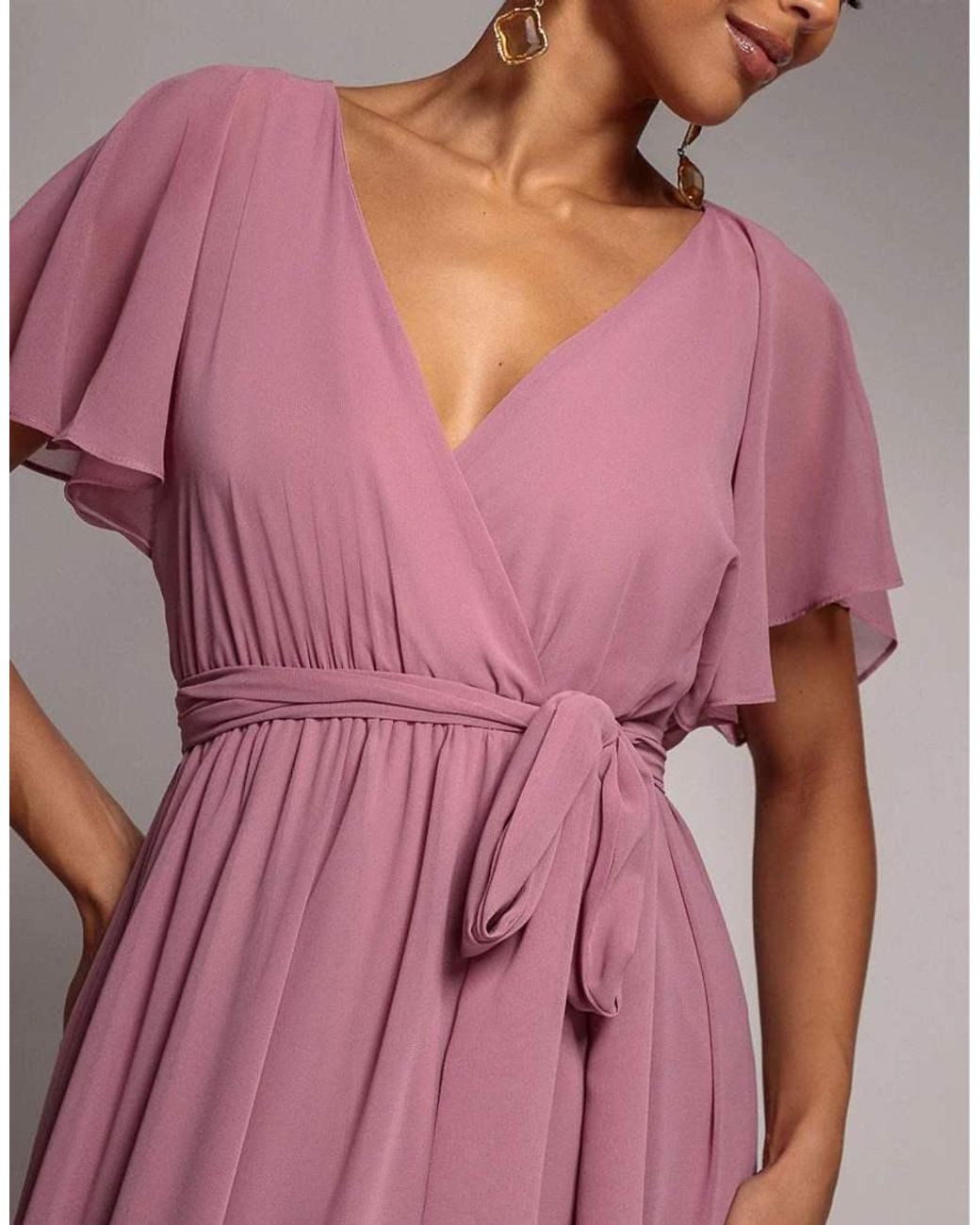 Goddiva Purple Chiffon Flutter Sleeve Wrap Maxi Dress