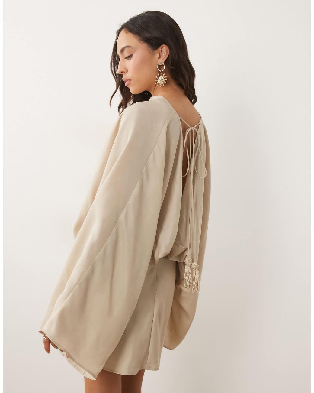 ASOS Cape Sleeve Open Back Mini Dress With Tassels in Natural | Lyst