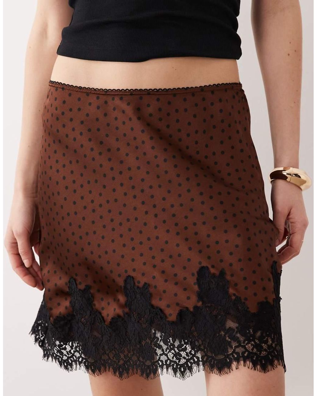 Mango Brown Mini Skirt With Lace Trim