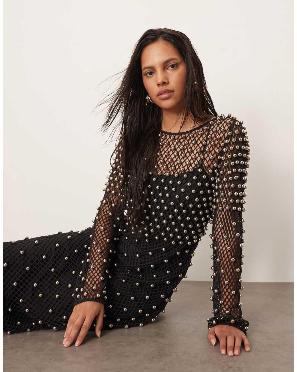 ARRANGE Natural Embellished Mesh Long Sleeve Maxi Dress
