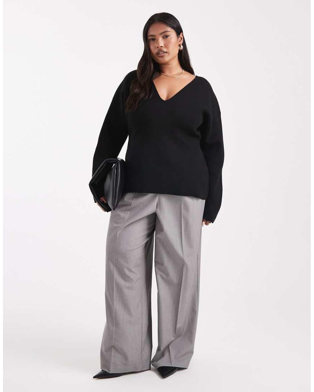 ASOS Black Asos Design Curve Low V Neck Waisted Top