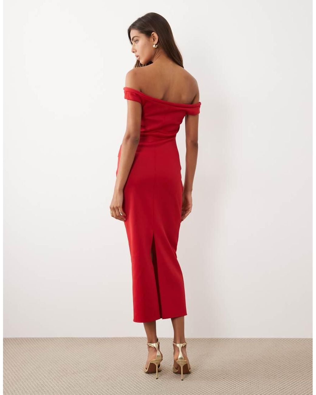 ASOS Red Bardot Ruched Midi Dress