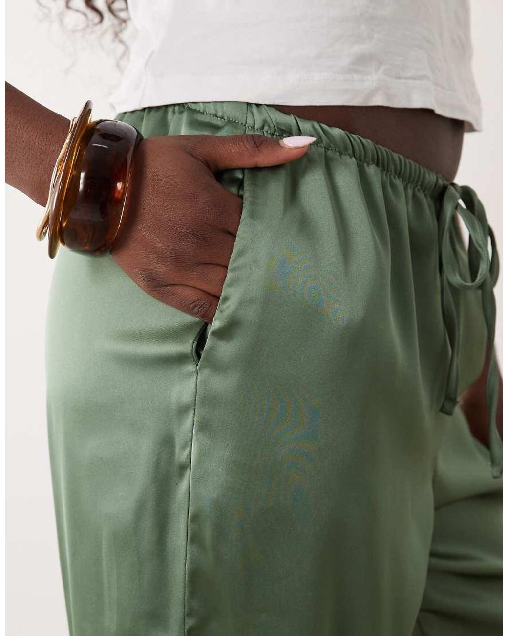 ASOS Green Satin Wide Leg Pull On Trouser