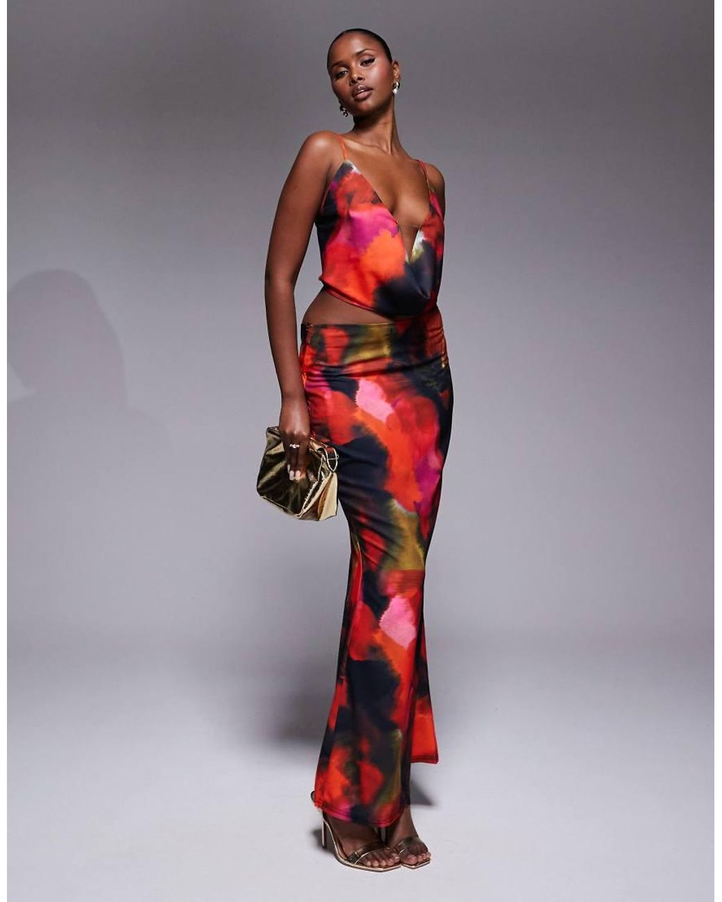 SIMMI Red Hudson Print Cowl Neck Maxi Set