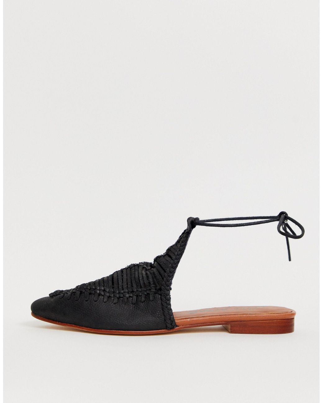Free People Dana Leather Woven Flat Mules With Ankle Ties in Black | Lyst