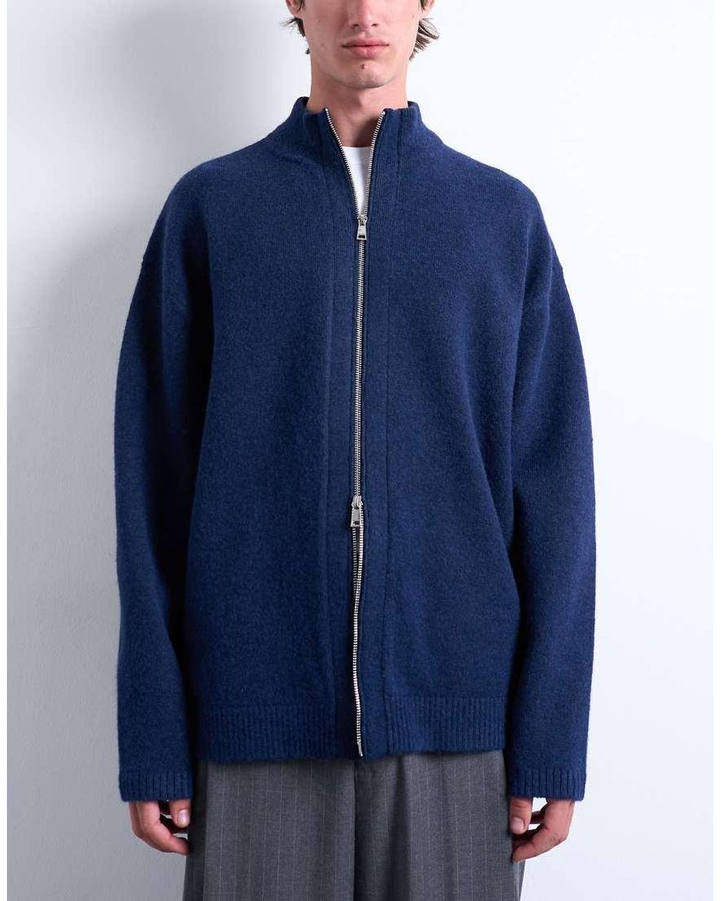 Topman Blue Double Zip Funnel Neck Cardigan for men