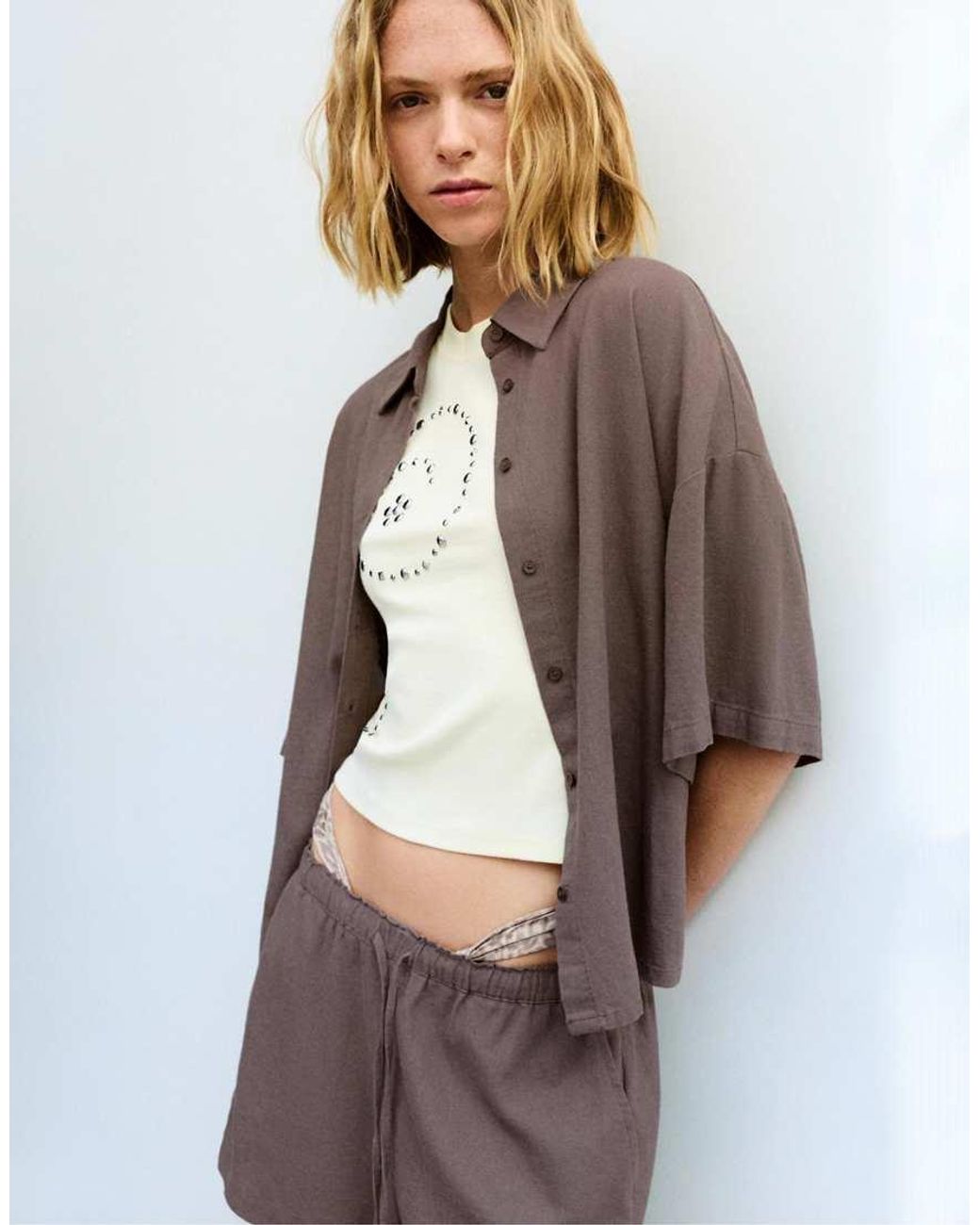 Pull&Bear Brown Short Sleeve Linen Blend Shirt
