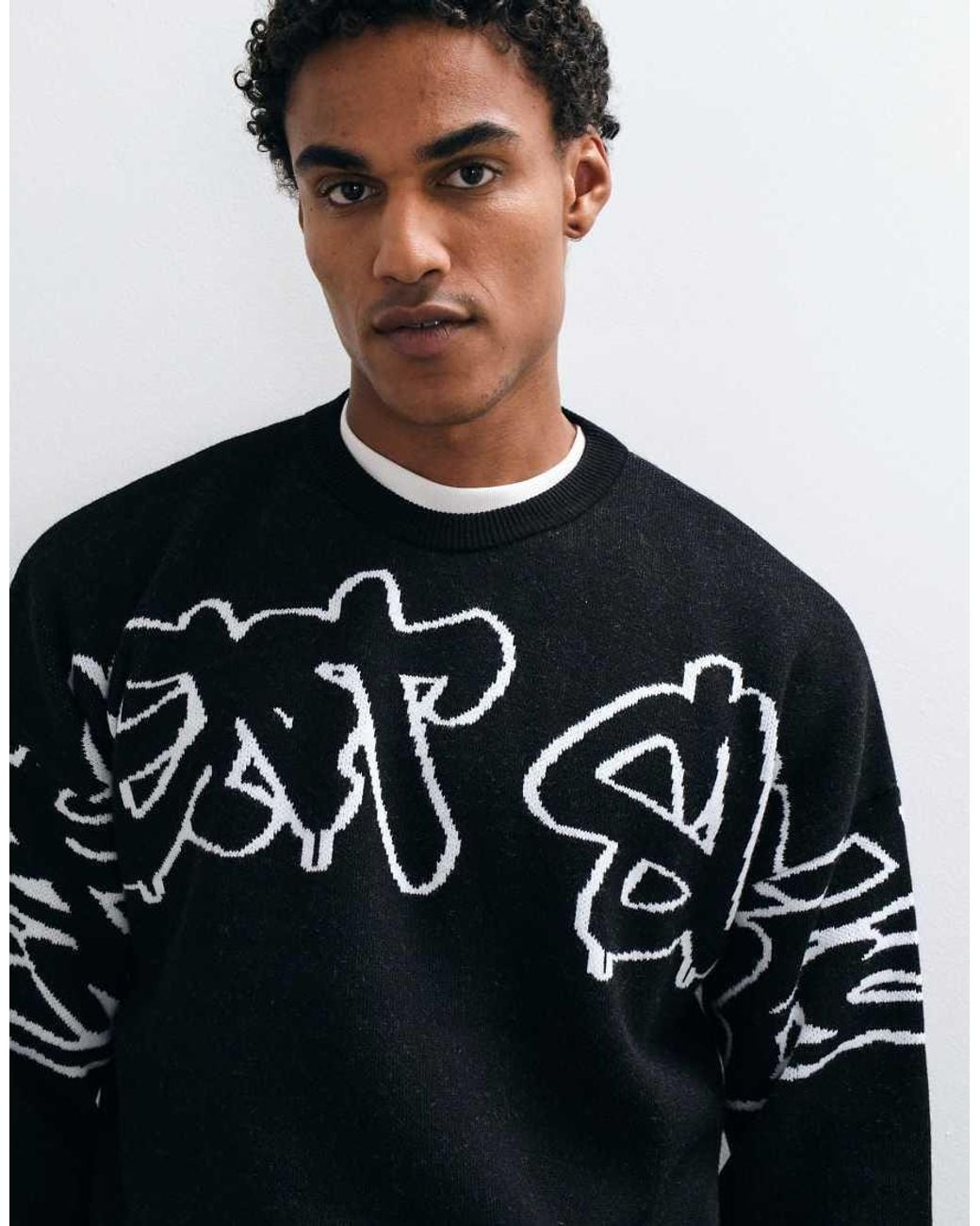 ASOS Blue Oversized Knitted Crew Neck Jumper With Back Print for men