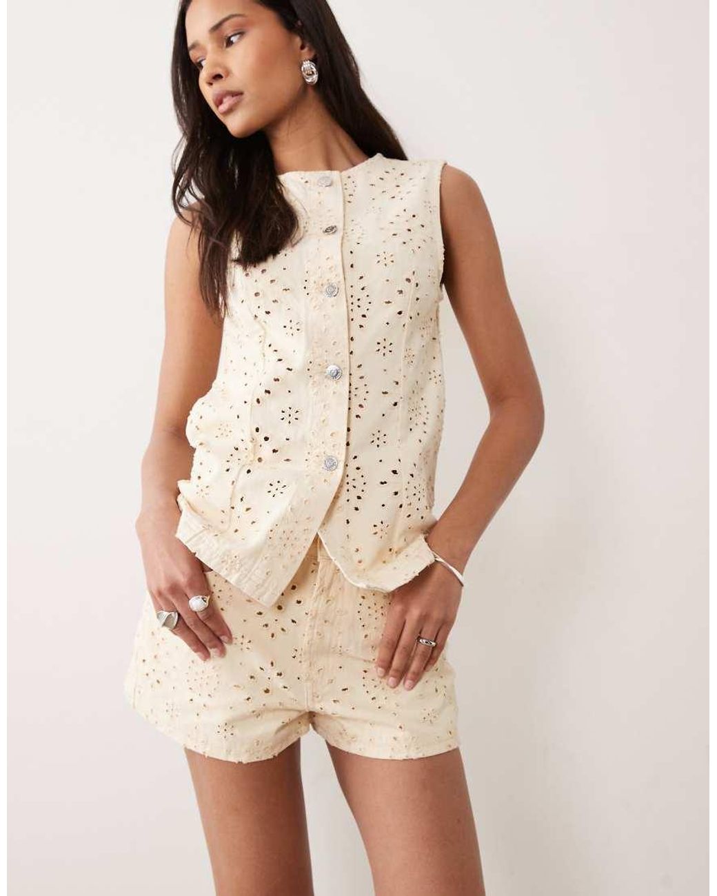 Miss Selfridge Natural Broderie Denim Shorts