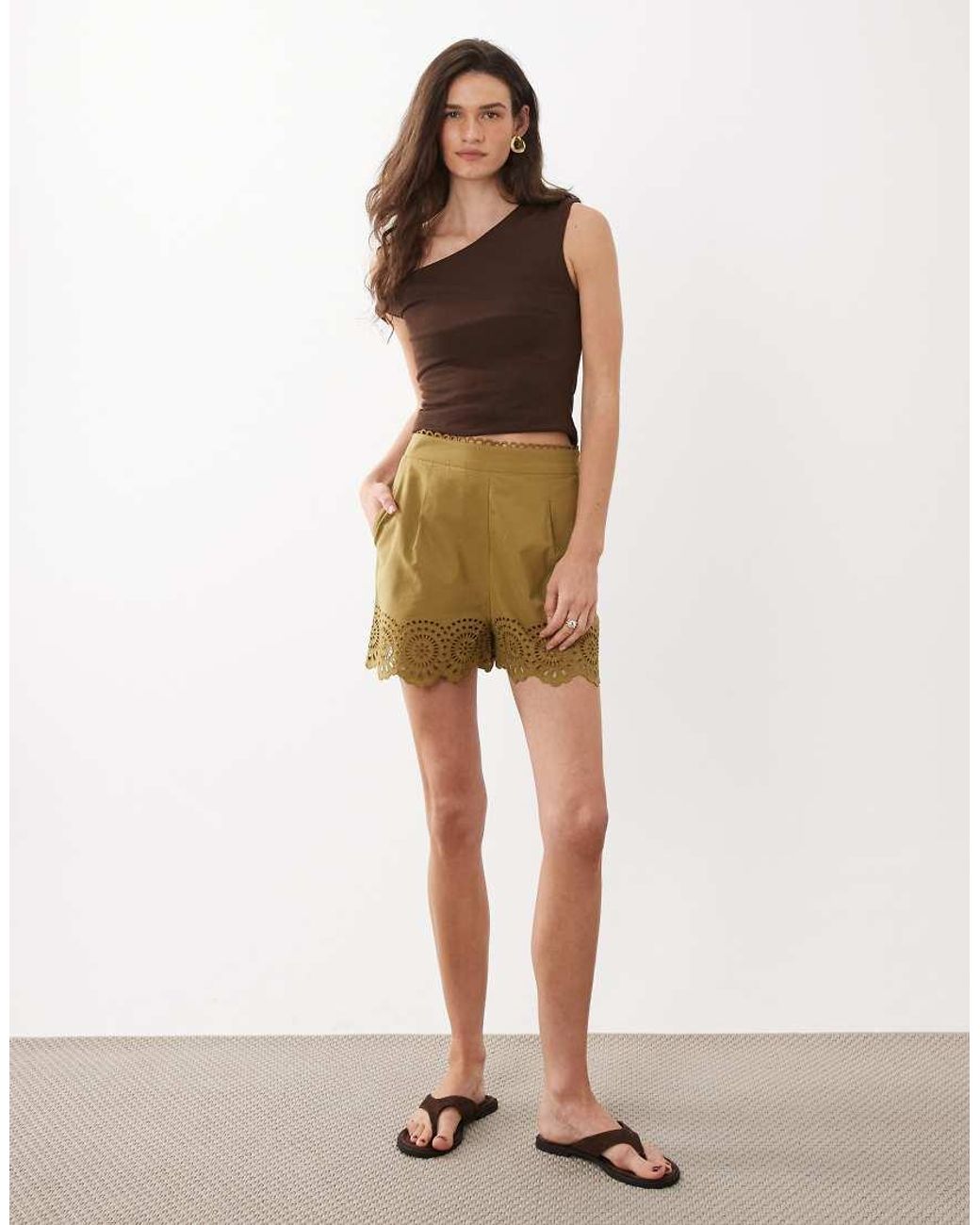 Mango Brown 100% Cotton Embroidered Tailored Shorts