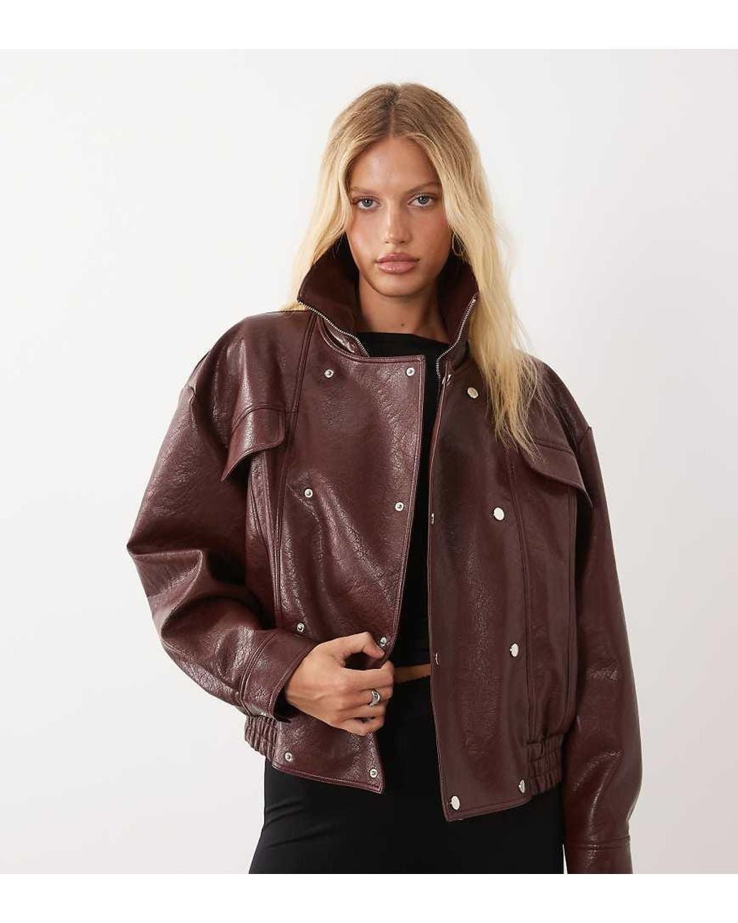 Kaiia Brown Exclusive Faux Leather Funnel Neck Bomber Jacket