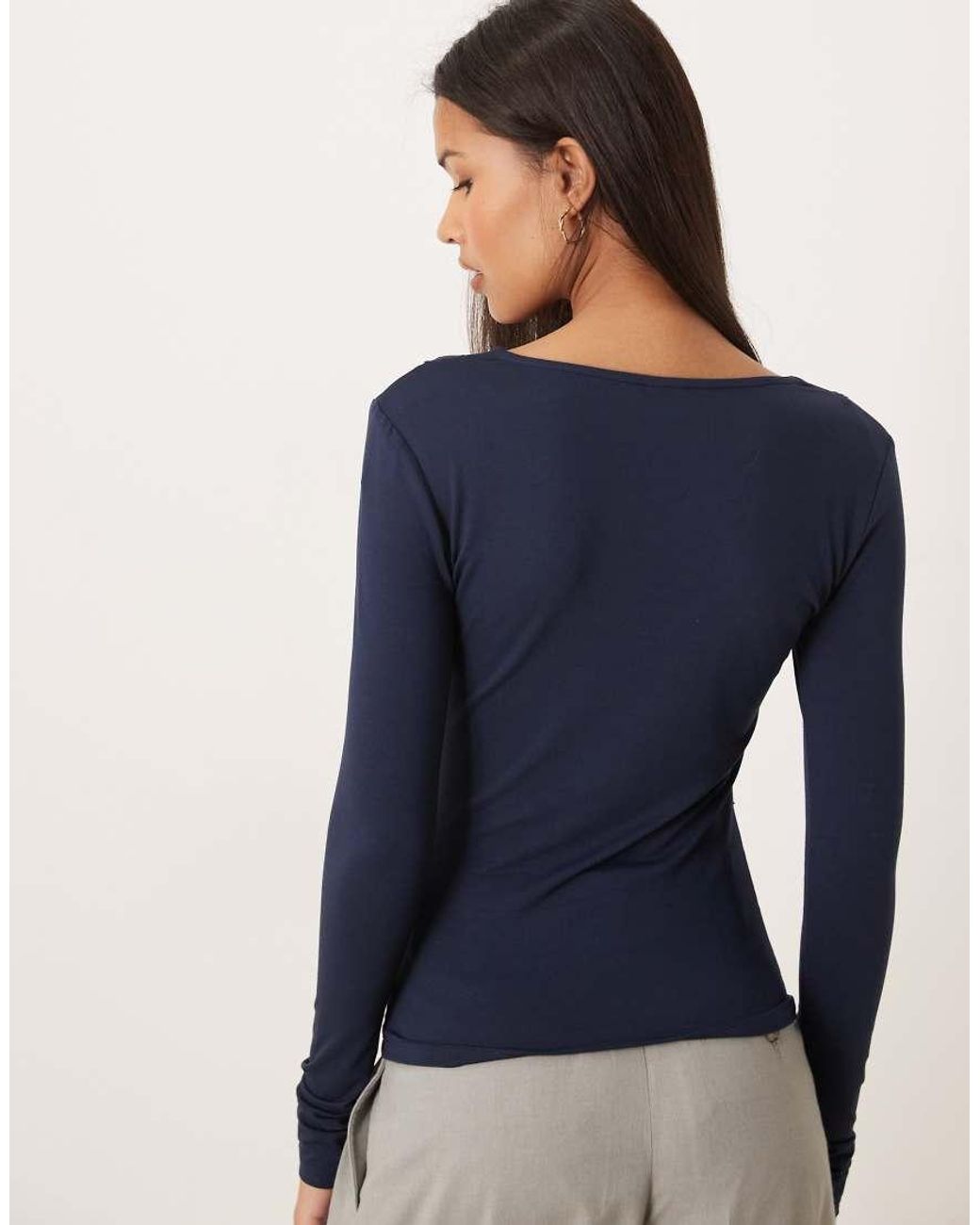 Gina Tricot Blue V Neck Lace Detail Long Sleeve Slim Fit Top