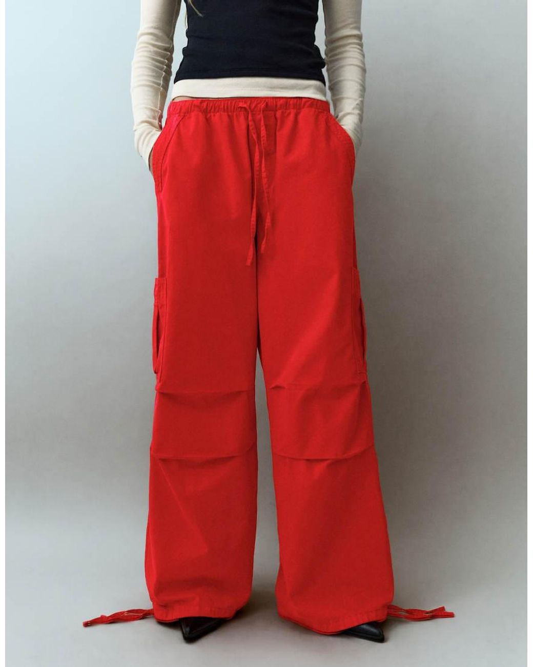 Pull&Bear Red Parachute Cargo Trousers